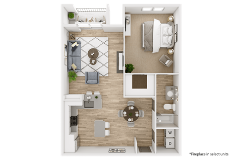 Floor plan for 1 bed, 1 bath, 888 sqft